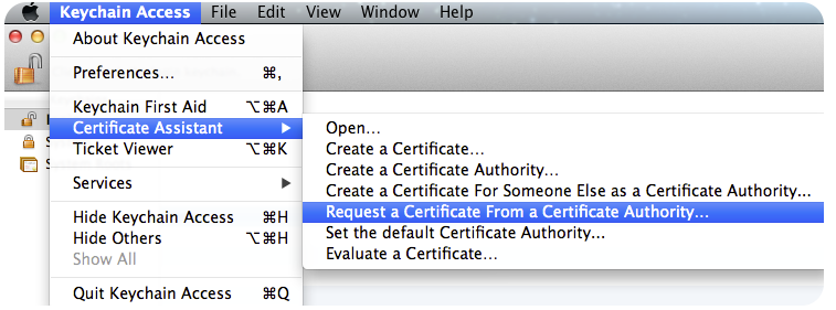 Selecting certificate request from Keychain Access menu