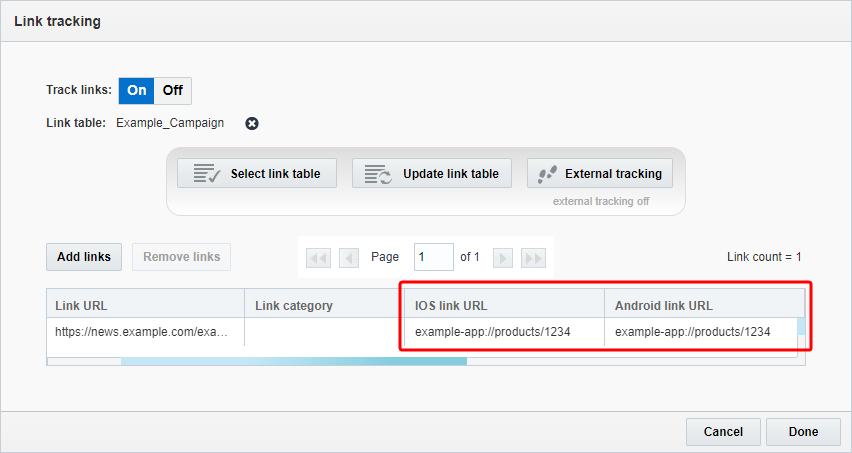 An image of the Link tracking dialog in Responsys