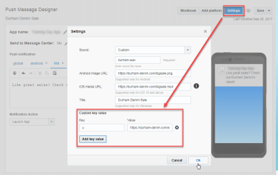 The following picture shows where Marketers can enter the key-value pairs to pass when they create their push campaigns in Responsys.