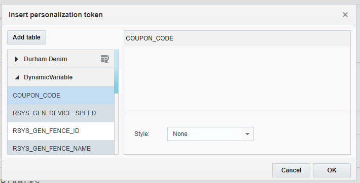 Screenshot of Insert personalization token dialog