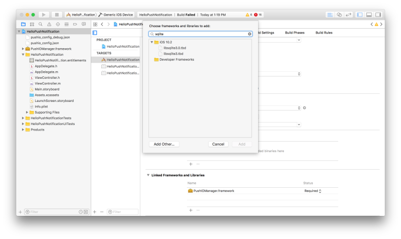 Add SQLite framework Screenshot