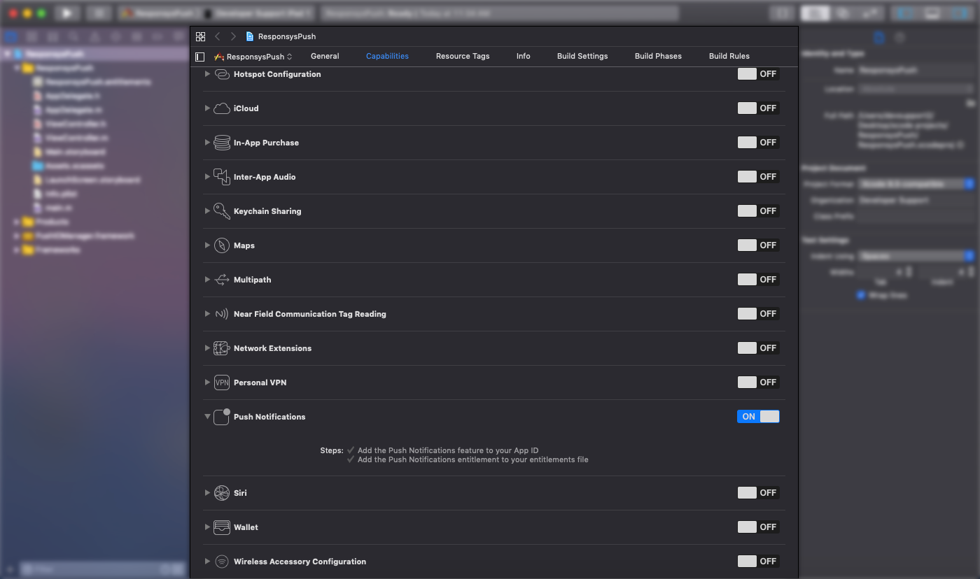 Enable PushNotification capability Screenshot