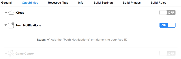 Enable Push Notifications on Capabilities tab screenshot