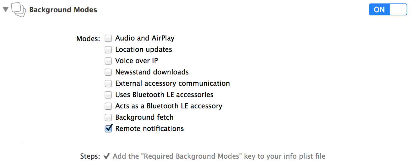 Background Modes app settings, Remote notifications selected