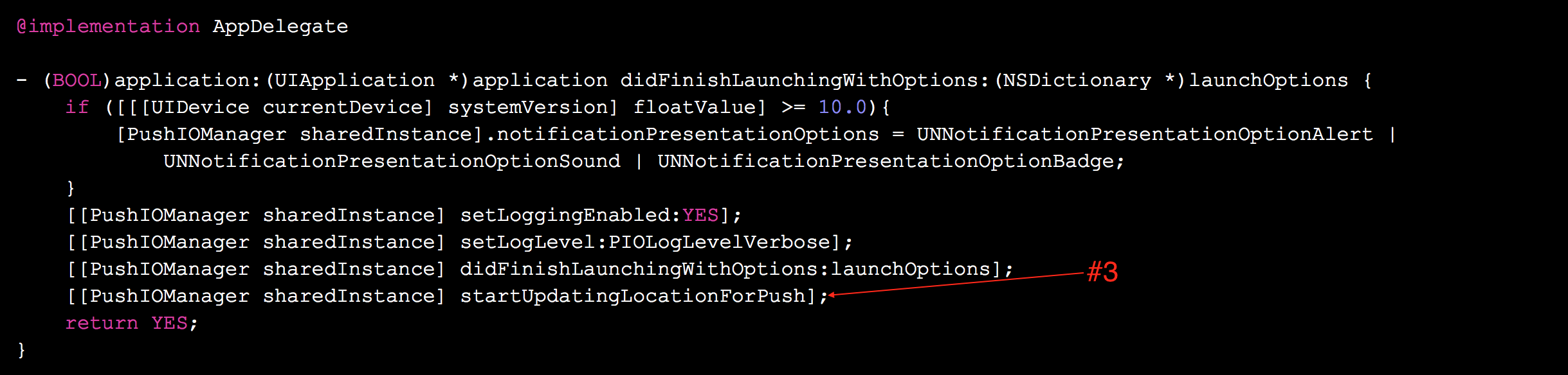 Screenshot of AppDelegate.m file with Objective-c location code