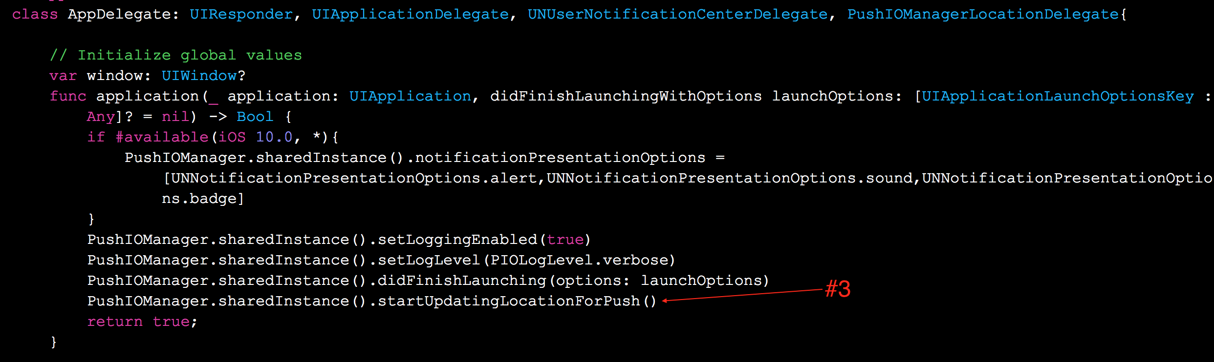 Screenshot of AppDelegate.m file with Swift location code