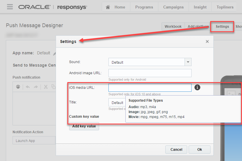 Screenshot illustrating how to set media attachment URL in Responsys