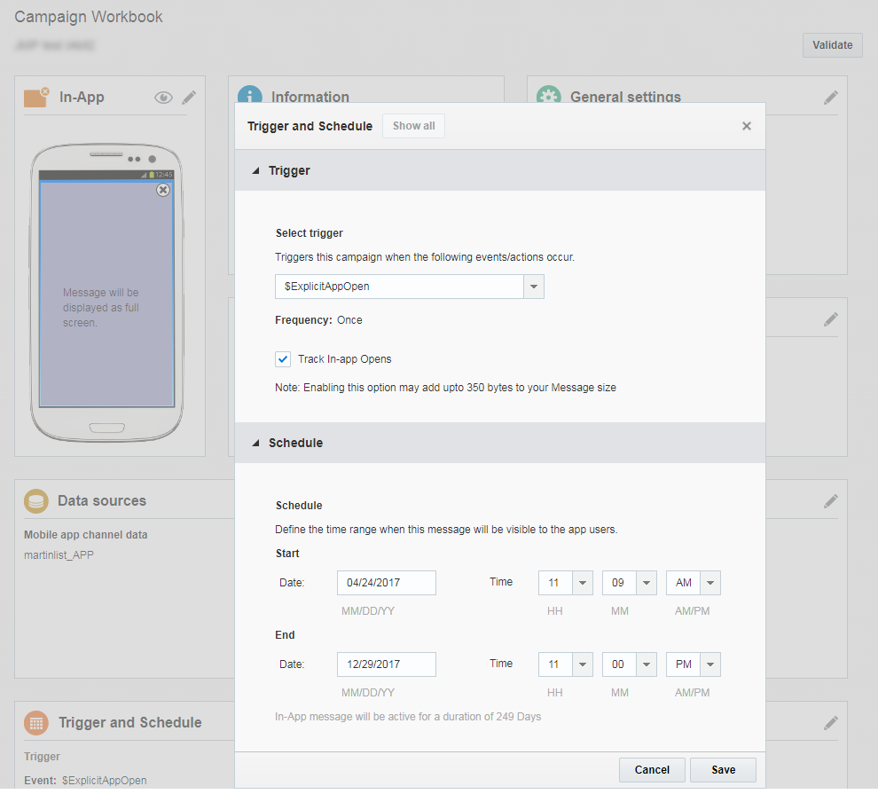 In-app campaign workbook in Responsys, screenshot