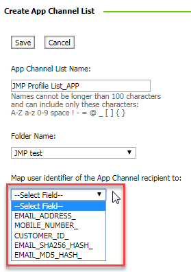 Create app channel list in Responsys, screenshot