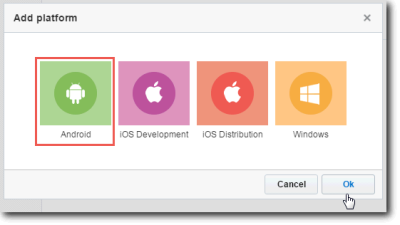 Add Platform dialog on the Responsys Mobile App Developer Consol