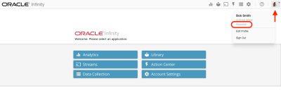 Screenshot showing the main Oracle Infinity page with the user menu and account GUID highlighted. You'll need the account GUID for setting up the integration in Responsys.