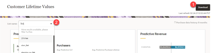 Screenshot of the Customer Lifetime Values page and the locations of the Download button and the profile list selection control.