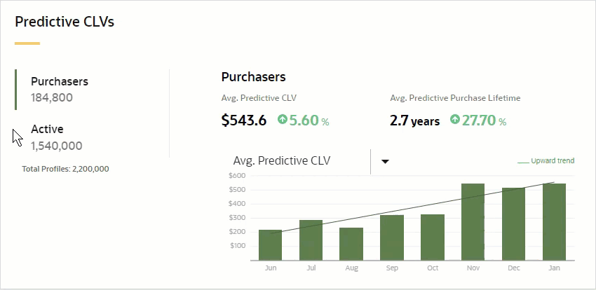 An animation of selecting Purchasers and Active profiles, showing the change in the graphs