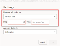 Settings dialog with Absolute time selected, showing the required Date and Time fields.
