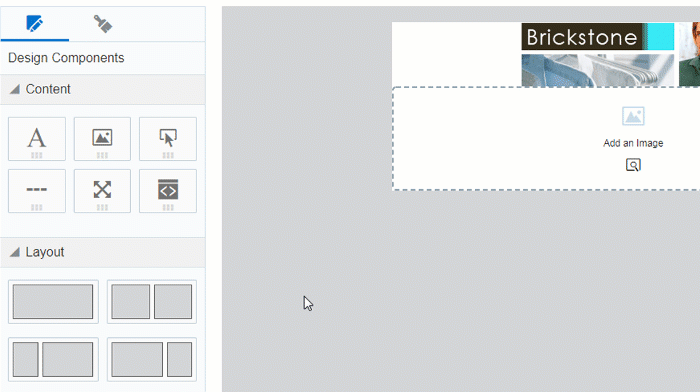 An animation showing dragging and dropping content and layouts onto the email canvas