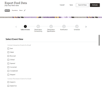 An image of the Connect export feed data wizard