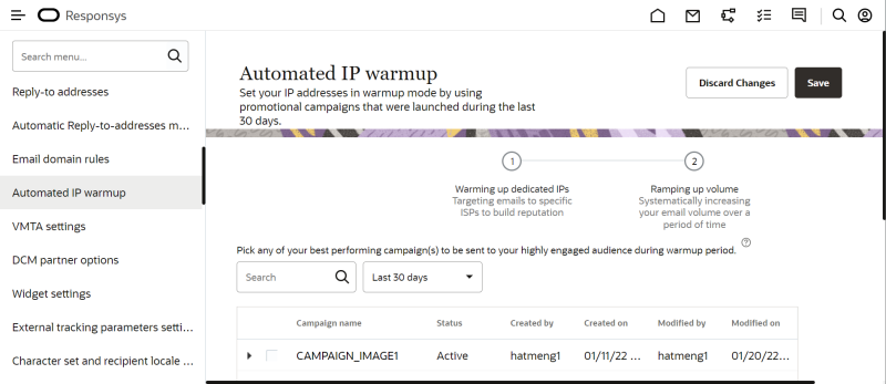 An image of the Automated IP warmup page