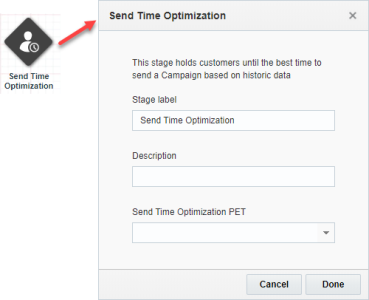 Screenshot of the Send Time Optimization switch icon and its settings dialog. It requires that you select the Send Time Optimization PET for the switch to use.