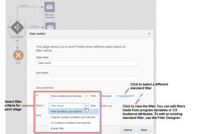 Screenshot illustrating how to configure paths of a data switch in a Responsys program.