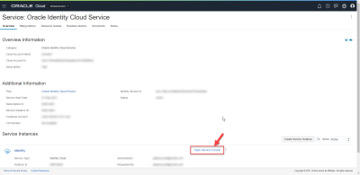 Screenshot showing location of the Open Service Console link on the Service: Oracle Identity Cloud Service page