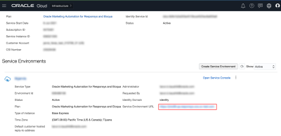 Screenshot showing where to obtain the Service Environment URL for your Oracle Marketing Automation for Responsys and Eloqua instance, so that you can configure the connection with Oracle Content Management.