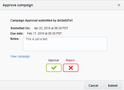 An image of the Approve campaign dialog box accessible via My Tasks