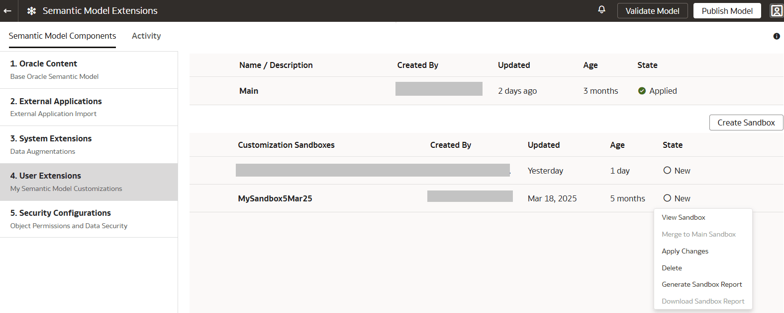 Semantic Model Extensions page displaying the Generate Sandbox Report option for a customization sandbox