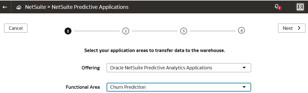 NetSuite Predictive Applications page for Churn Prediction functional area