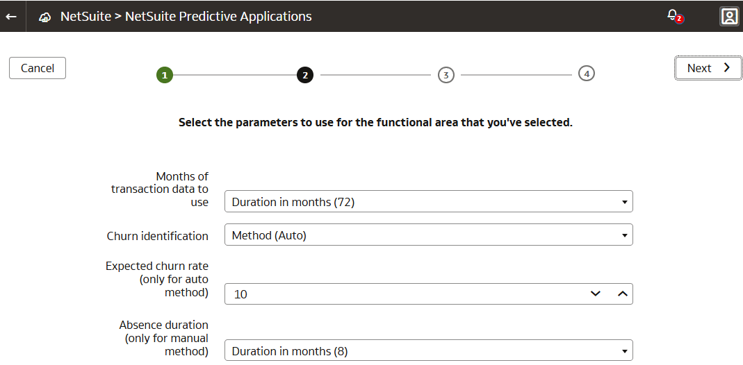 Parameters for the Churn Prediction functional area