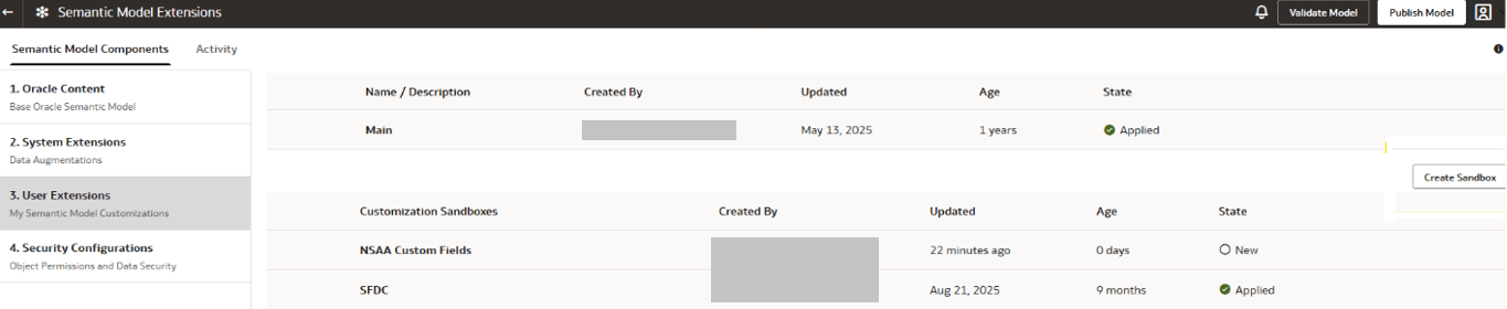 Create Sandbox button on the Semantic Model Extensions page in User Extensions