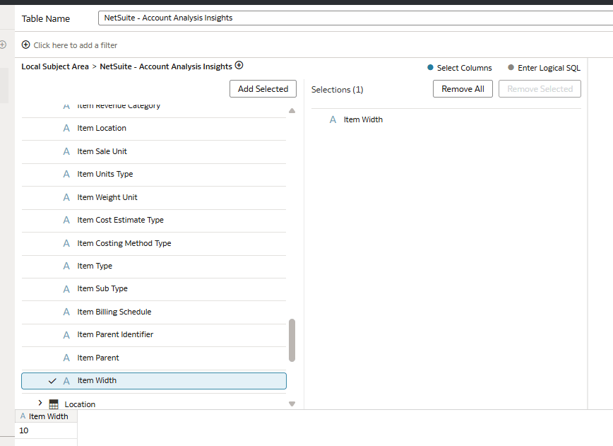 The Netsuite Account Analysis Insights subject area displaying the newly added custom field