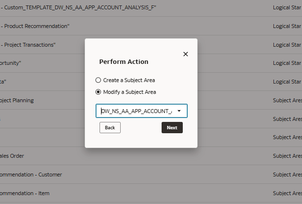 Modify a Subject Area option in the Perform Action dialog