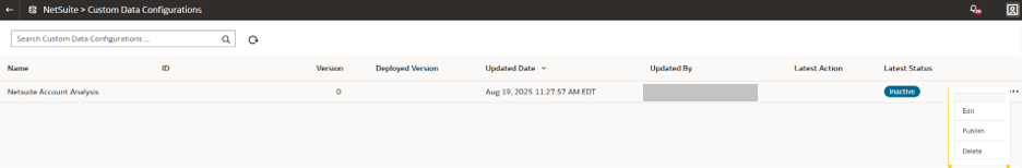 Publish action for the Netsuite Account Analysis data application