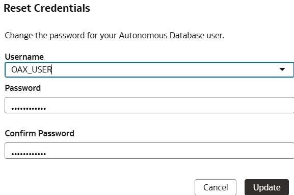 Reset Credentials dialog displaying OAX_USER