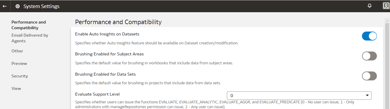 System Settings page displaying the advanced setting options.