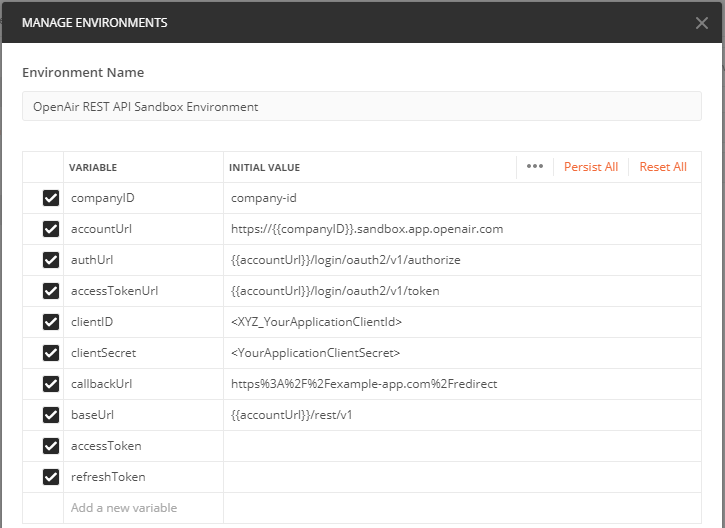 Manage Environments window in Postman.