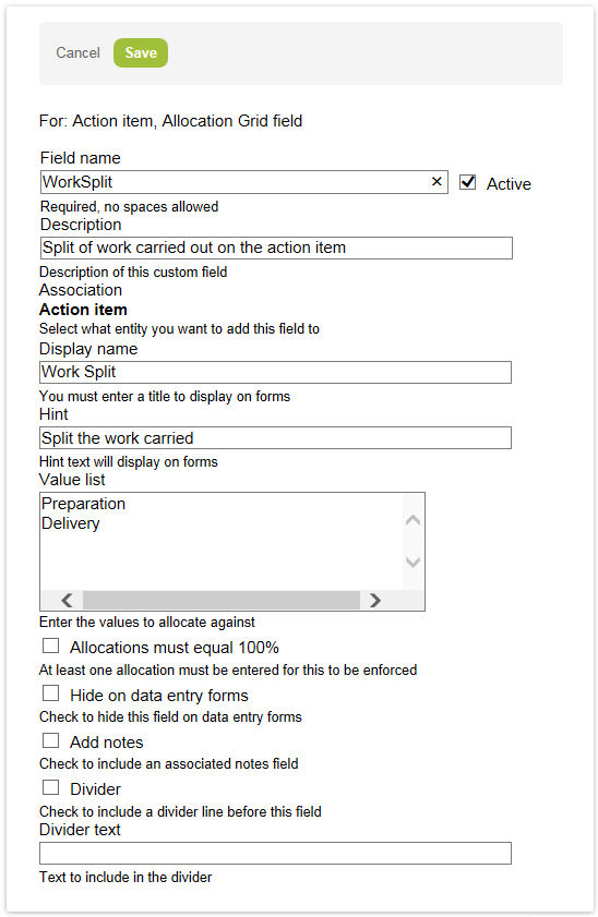 Allocation grid custom field properties form.