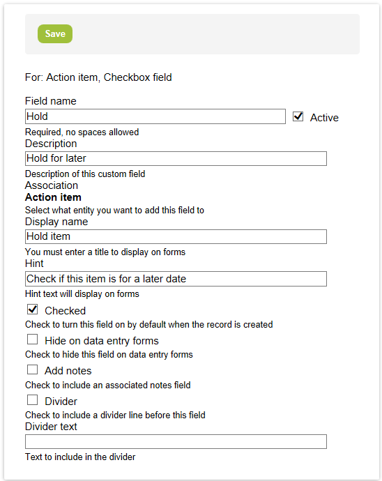 Check box custom field properties form.