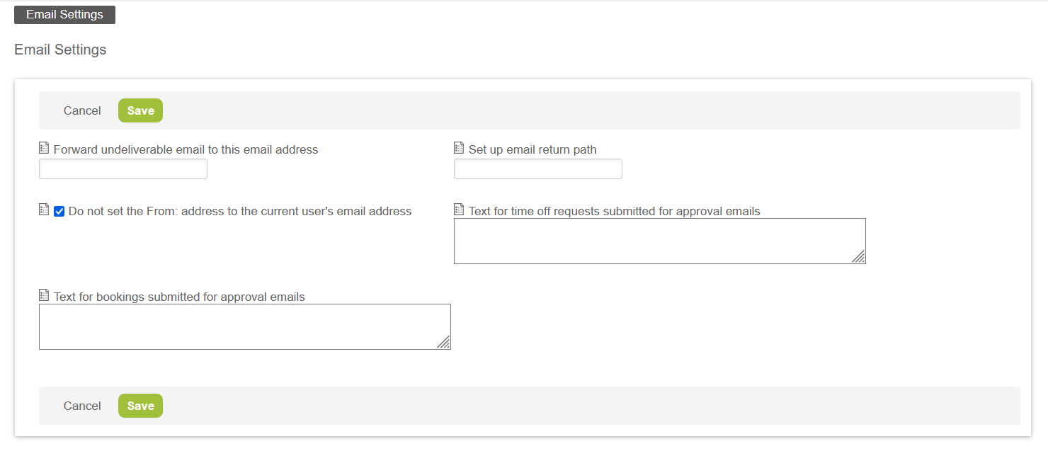 Email settings form.