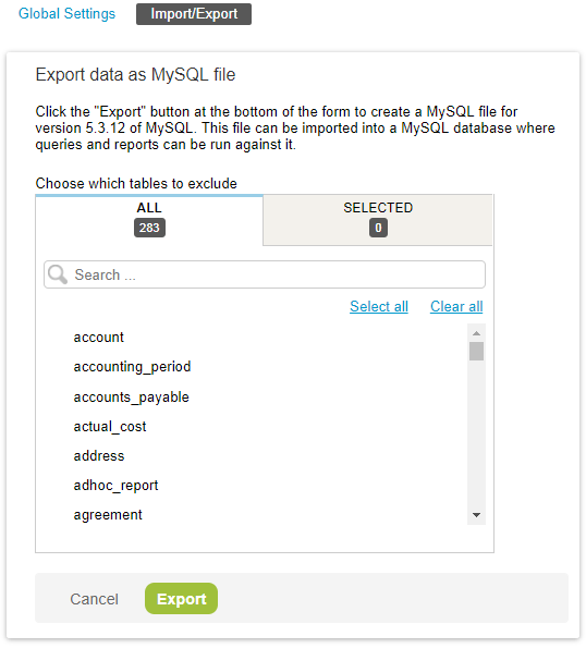 Export data as MySQL file list view.