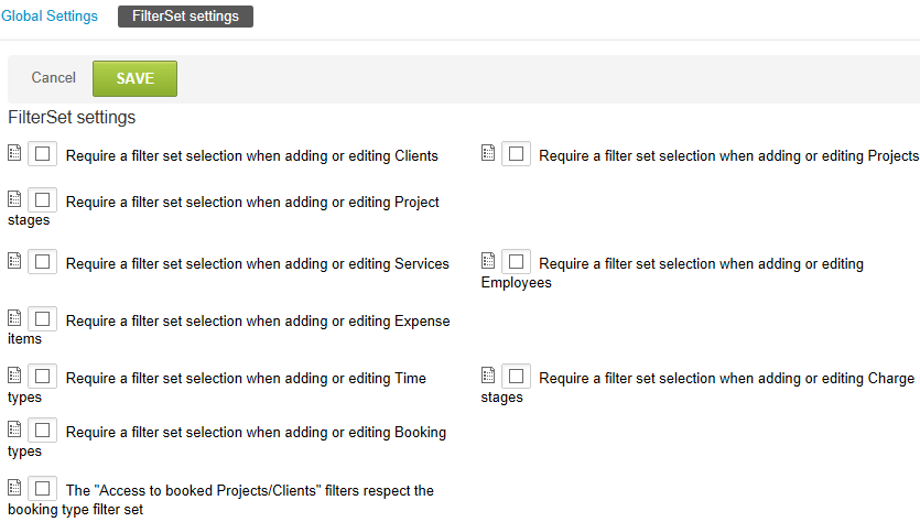Filterset settings list view.