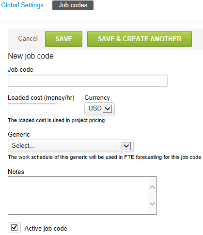 Job codes form.