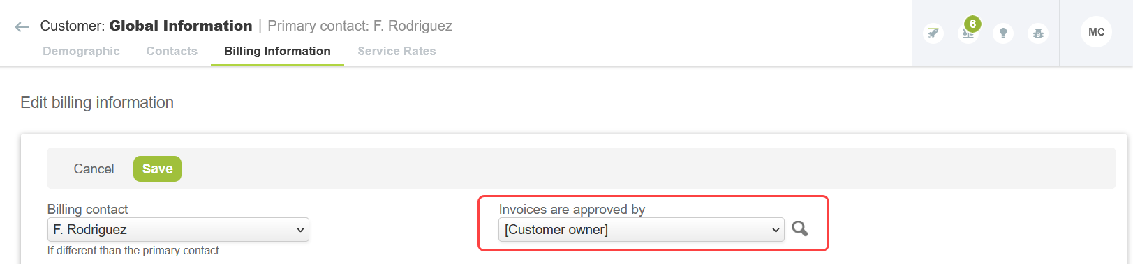 Billing information page on the customer record showing the Invoices approver dropdown field.