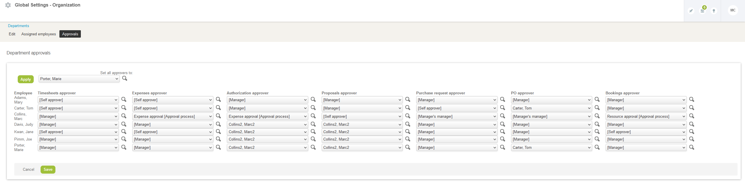 Approvals at the Department level on the Department Approvals form.