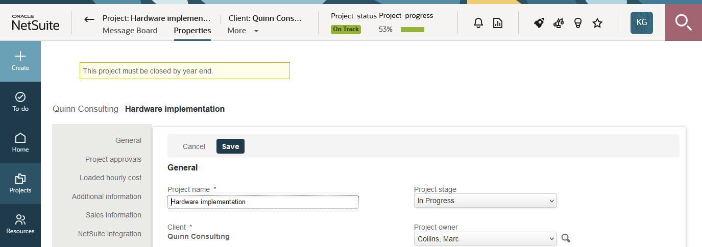 Example of form message on the project properties form
