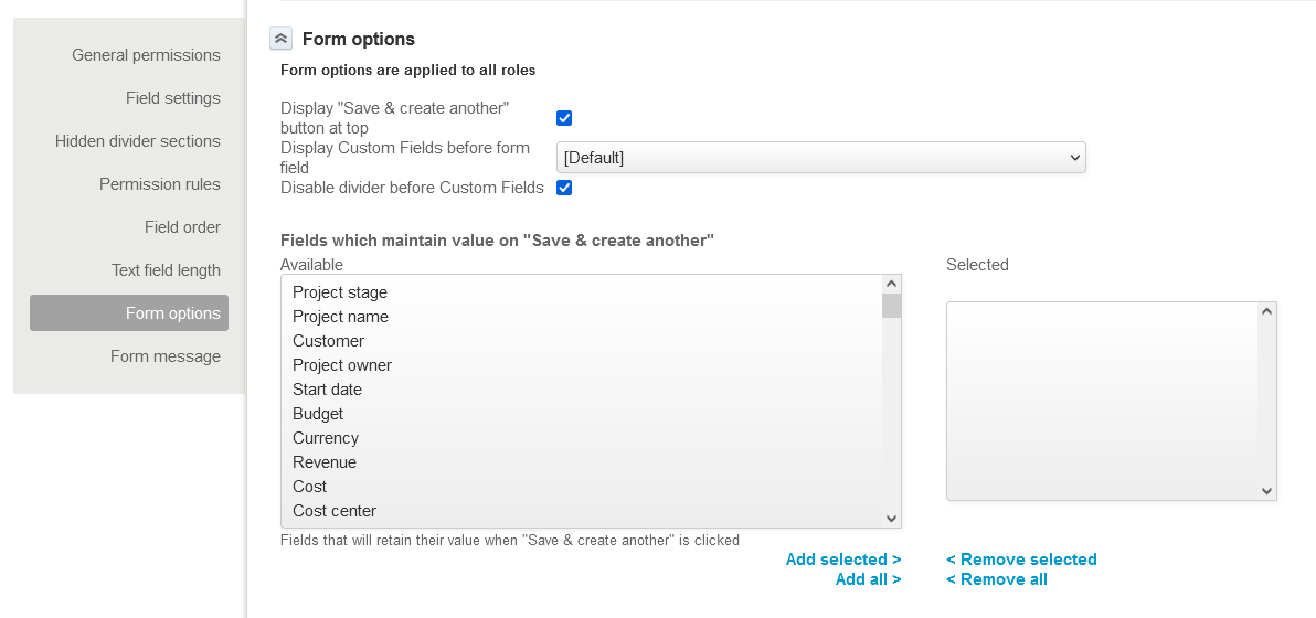 Form options section of the form permission form.