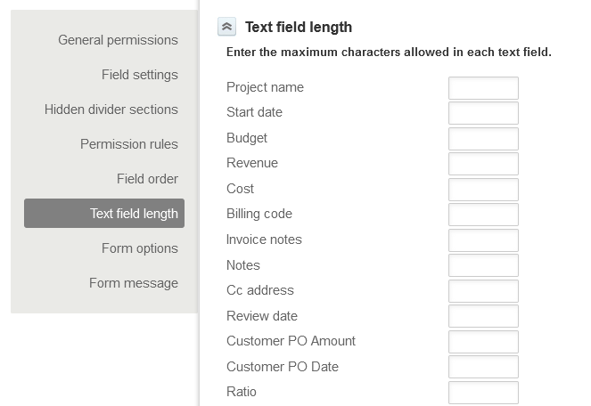 Text field length section of the form permission form.