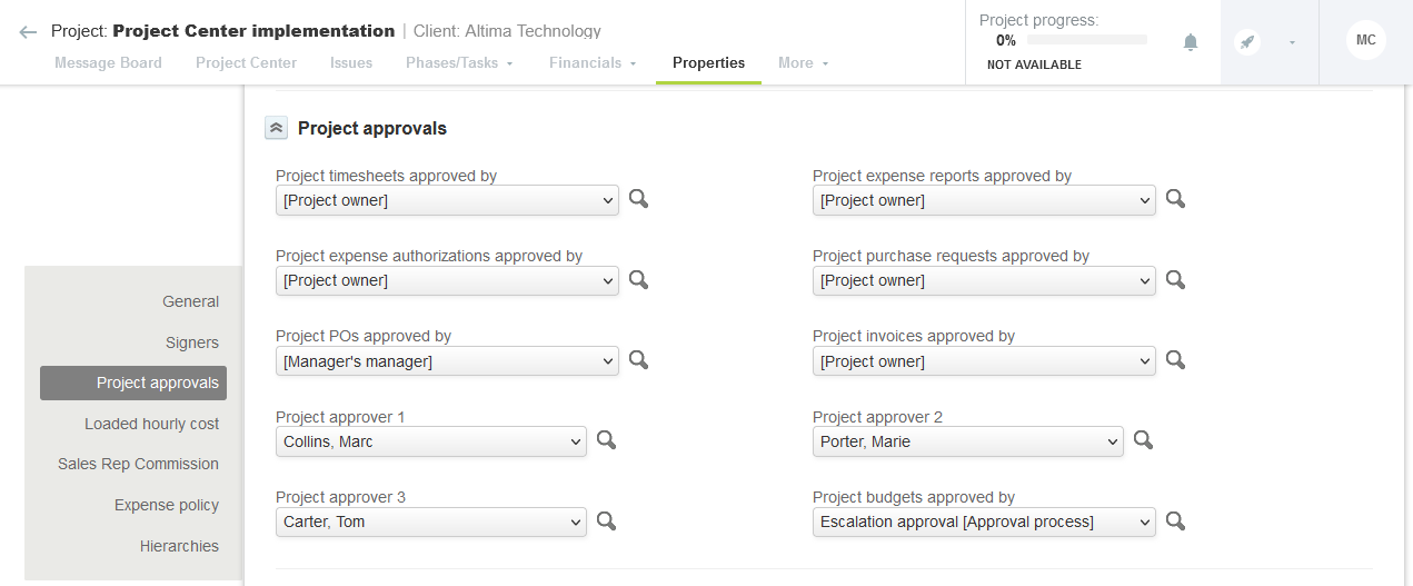 Approvals at the project level on the project properties form.