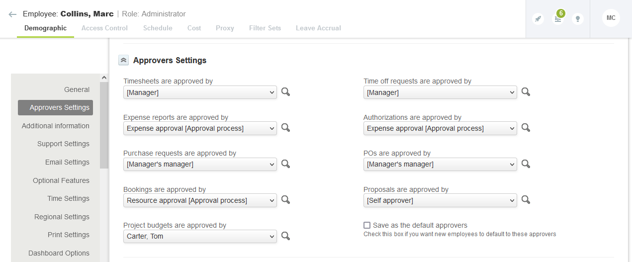 Approval settings at the user level on the user demographics form.