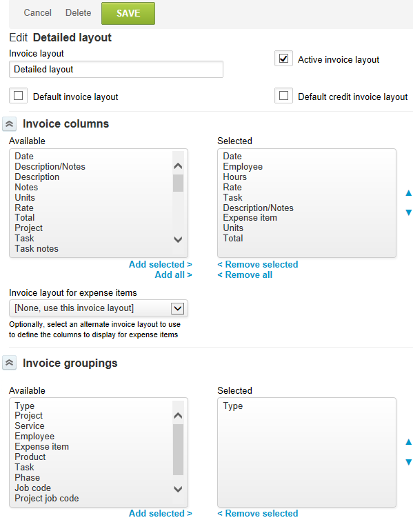 Invoice layout list view.